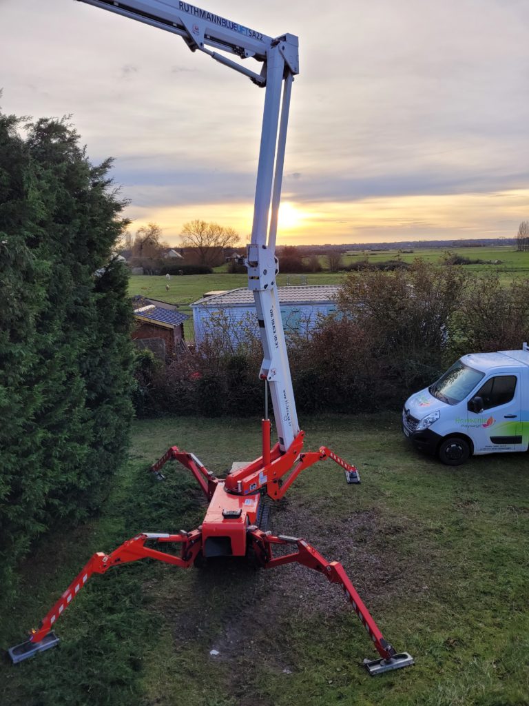 Taille de haie difficile à l'aide d'une nacelle araigné